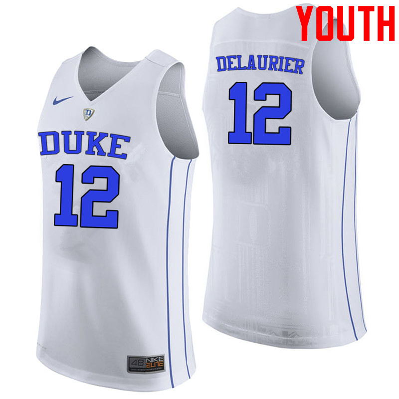 Youth #12 Javin DeLaurier Duke Blue Devils College Basketball Jerseys-White - Click Image to Close